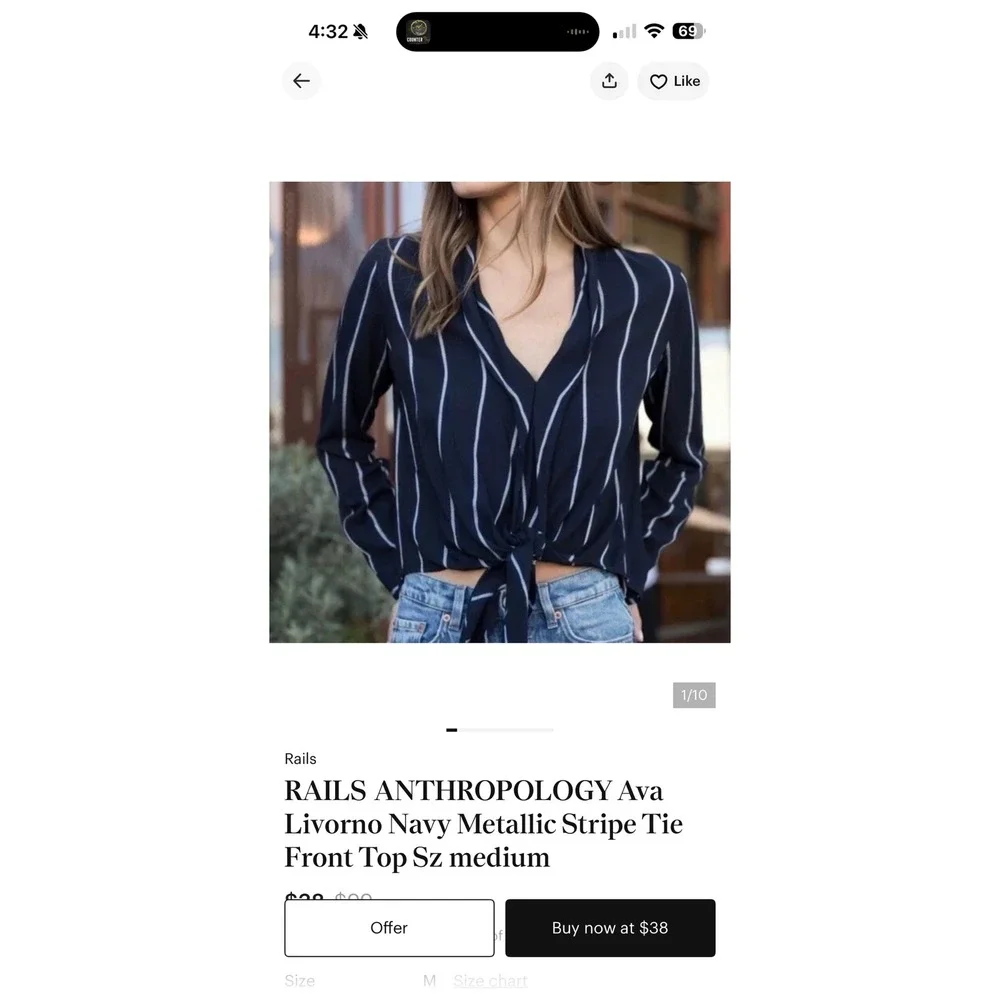 Rails Ava Livorno Blouse Stripe Navy Metallic Tie Front Top M Medium V Neck